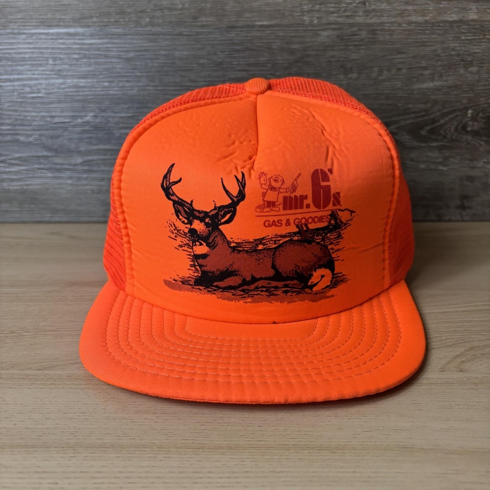 VINTAGE Mr. G's Gas & Goodies Hat Cap Snap Back Orange Trucker Hunting Mens 80s